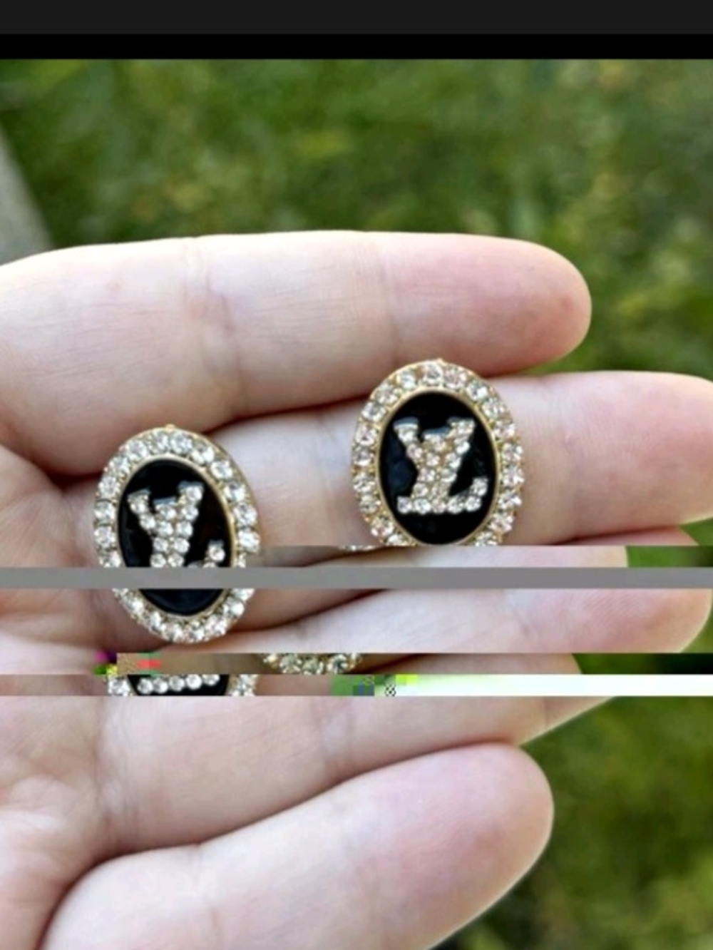 Gold-Tone Black Oval Crystal Logo Stud Earrings